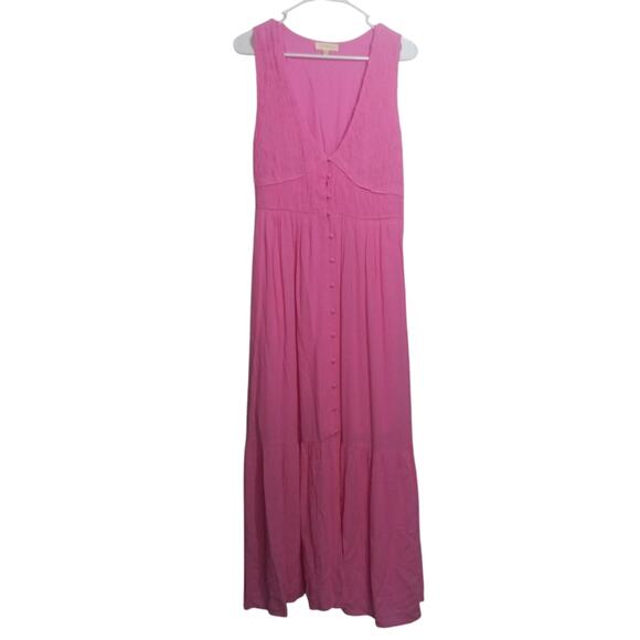 Promesa Bubble Gum Pink Sea Breeze Smocked Crepe Button-Front Maxi Dress Size M - Picture 2 of 10